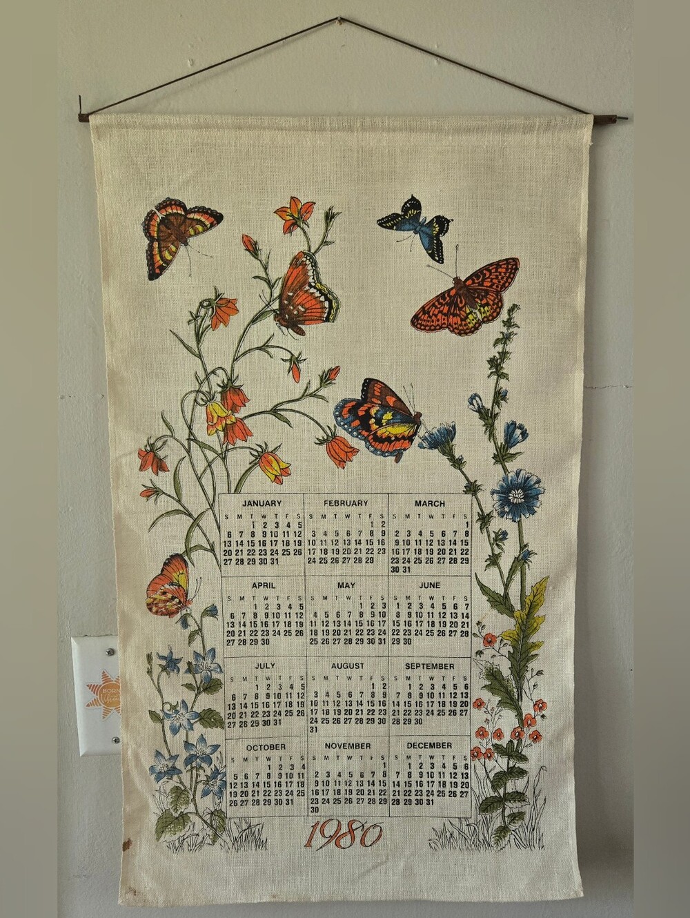 Vintage 1980 Calendar Linen Tea Towel w/ Rod & String to Hang Butterflies